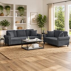 Grey Velvet 2 Piece Sofa Set with Throw Pillows Specs