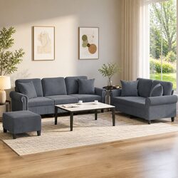 3 Piece Sofa Set with Footstool Throw Pillows Grey Velvet Living Room Furniture