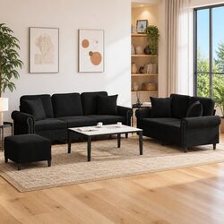 3 Piece Sofa Set with Footstool and Pillows in Black Velvet