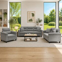 3 Piece Sofa Set Grey Microfibre Fabric Couch with Pillows Living Room Furniture