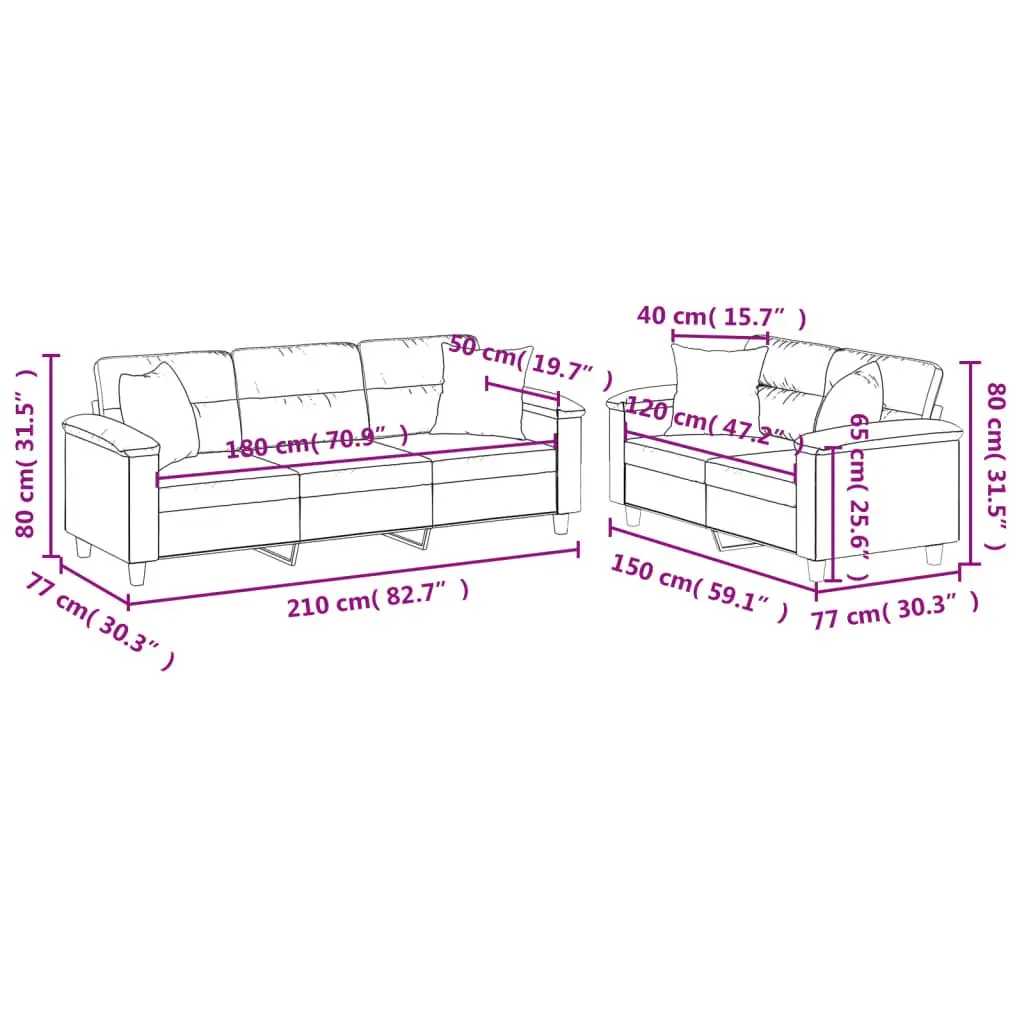 Sofa Set Living Room Grey Microfibre Fabric 2 Piece