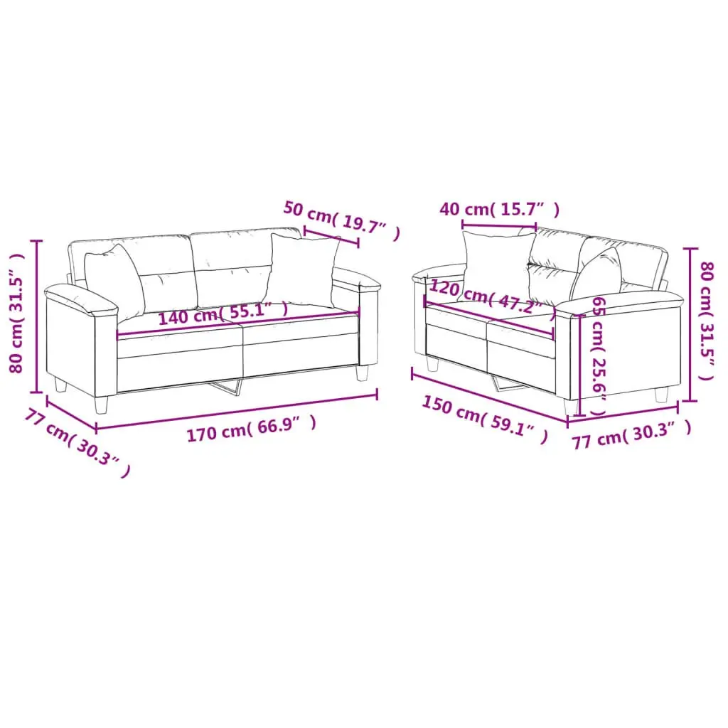 2 Piece Black Sofa Set with Pillows