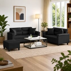 3 Piece Sofa Set Specifications: Black Faux Leather Lounge Suite