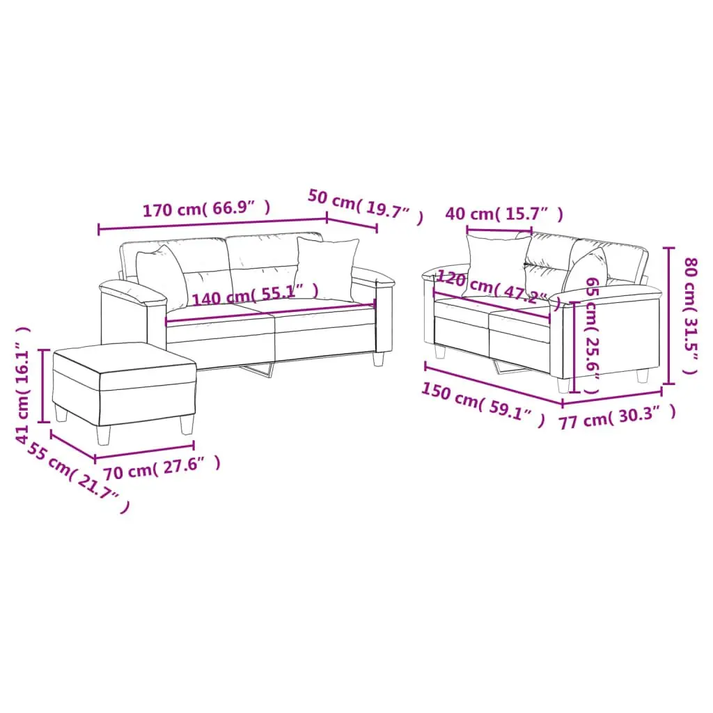 3 Piece Sofa Set Living Room Black Faux Leather