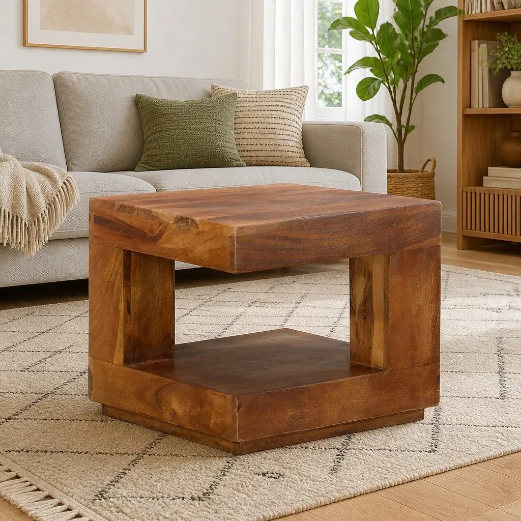 Coffee Table 45x45x40 cm Solid Acacia Wood with Storage Shelf Brown Accent