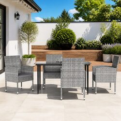 5 Piece Outdoor Dining Set: Grey Poly Rattan & Steel