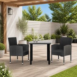 3 Piece Garden Dining Set: Black Poly Rattan Steel