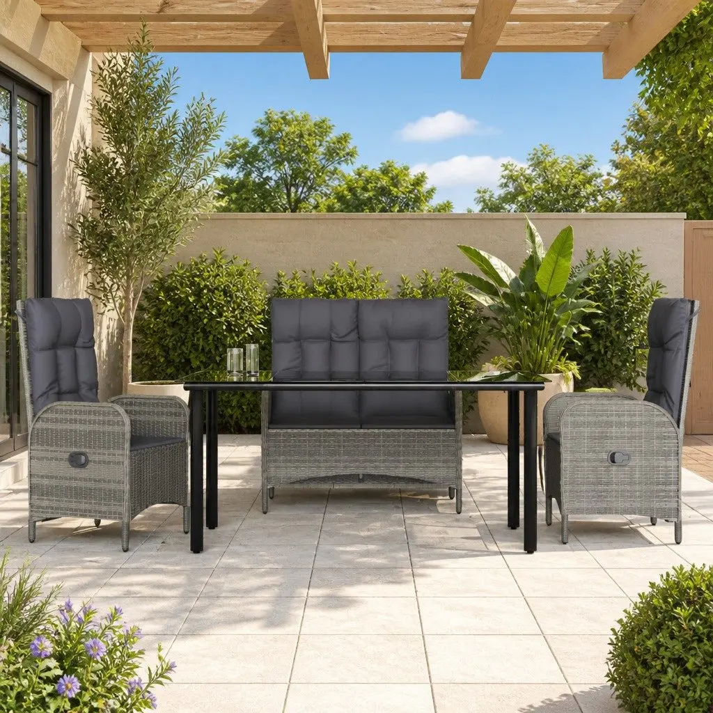 Outdoor Furniture Set 4 Piece Garden Seating Grey Poly Rattan Table Bench Chairs