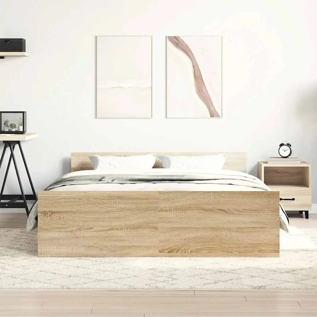 Bed Frame 135x190 cm Sonoma Oak Brown Engineered Wood Headboard Footboard Slats
