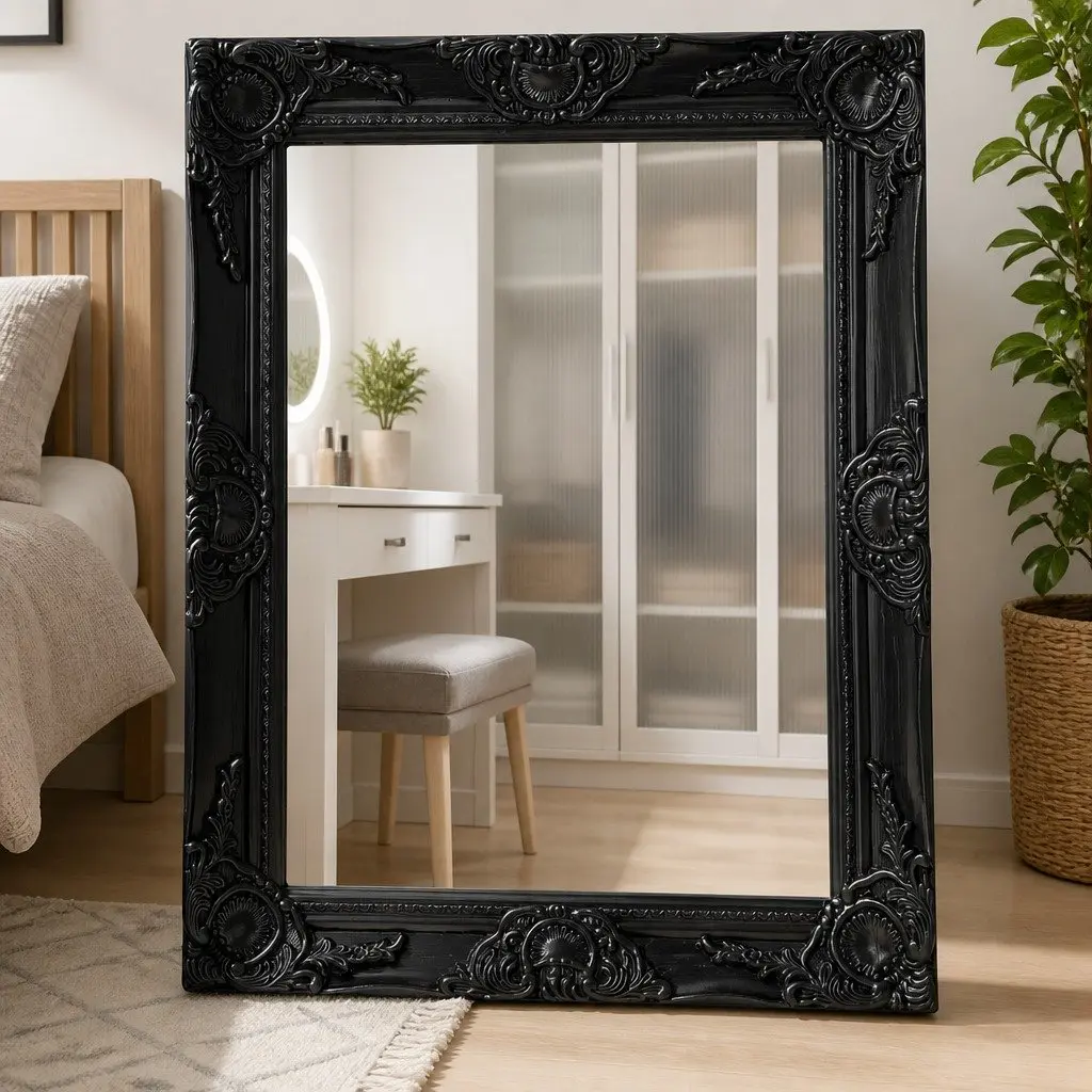 50x60 cm Wall Mirror with Baroque Style Black Frame