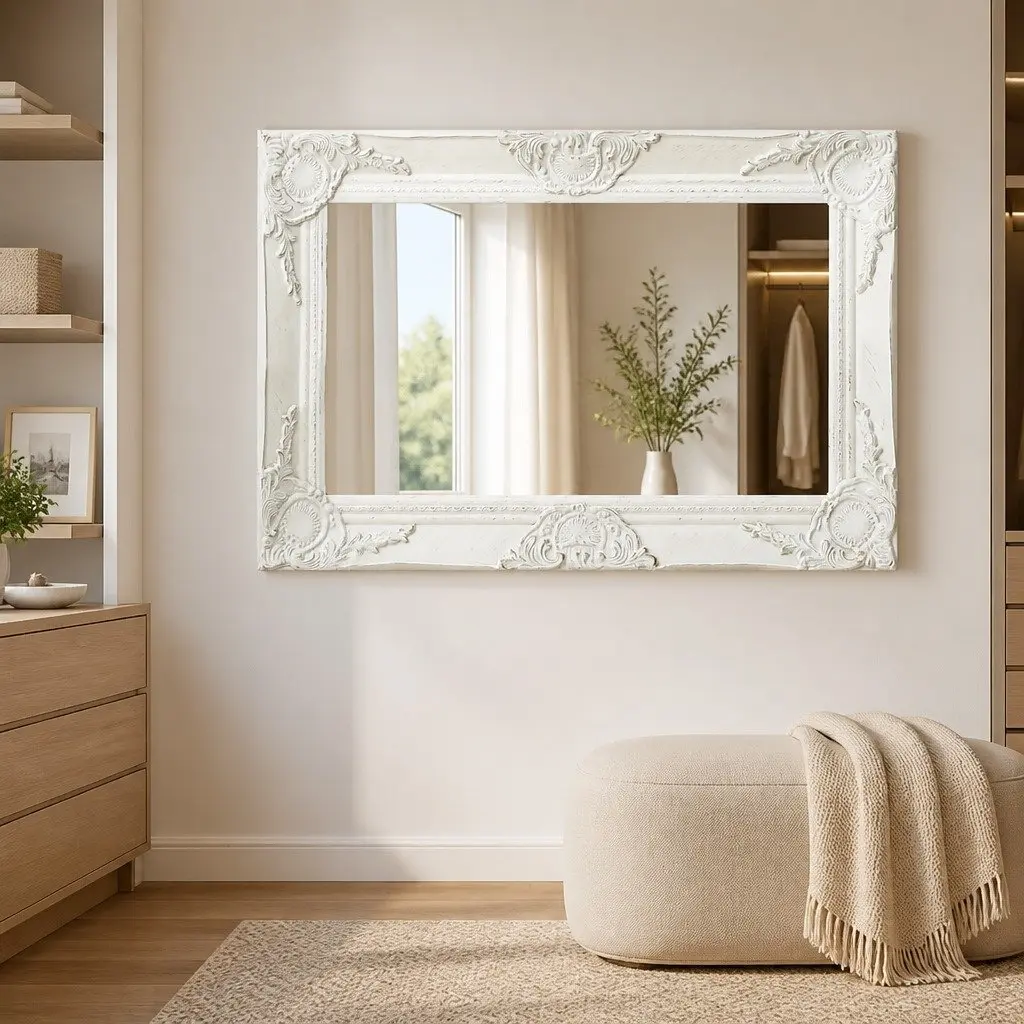 60x40 cm White Wall Mirror with Bevelled Edge
