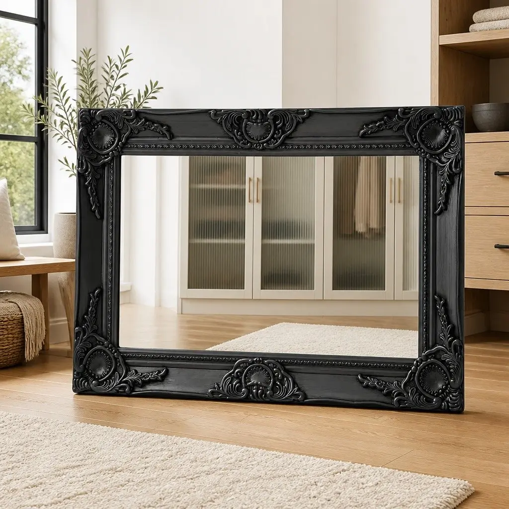 Wall Mirror Baroque Style Bedroom Dressing Room 60x40 cm Black Ornate Frame Decor
