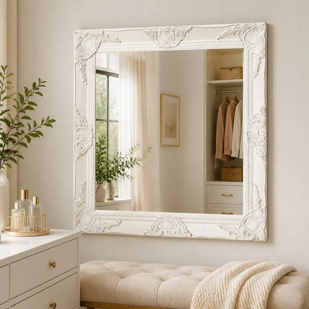 Baroque Style Wall Mirror with Wood Frame, 60x60 cm