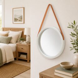 40cm Round Wall Mirror Specs: Silver, Wood Frame, Adjustable Strap
