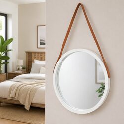 50cm Round Wall Mirror with Faux Leather Strap Details