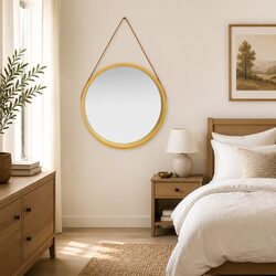 60cm Round Wall Mirror – Gold Frame and Leather Strap
