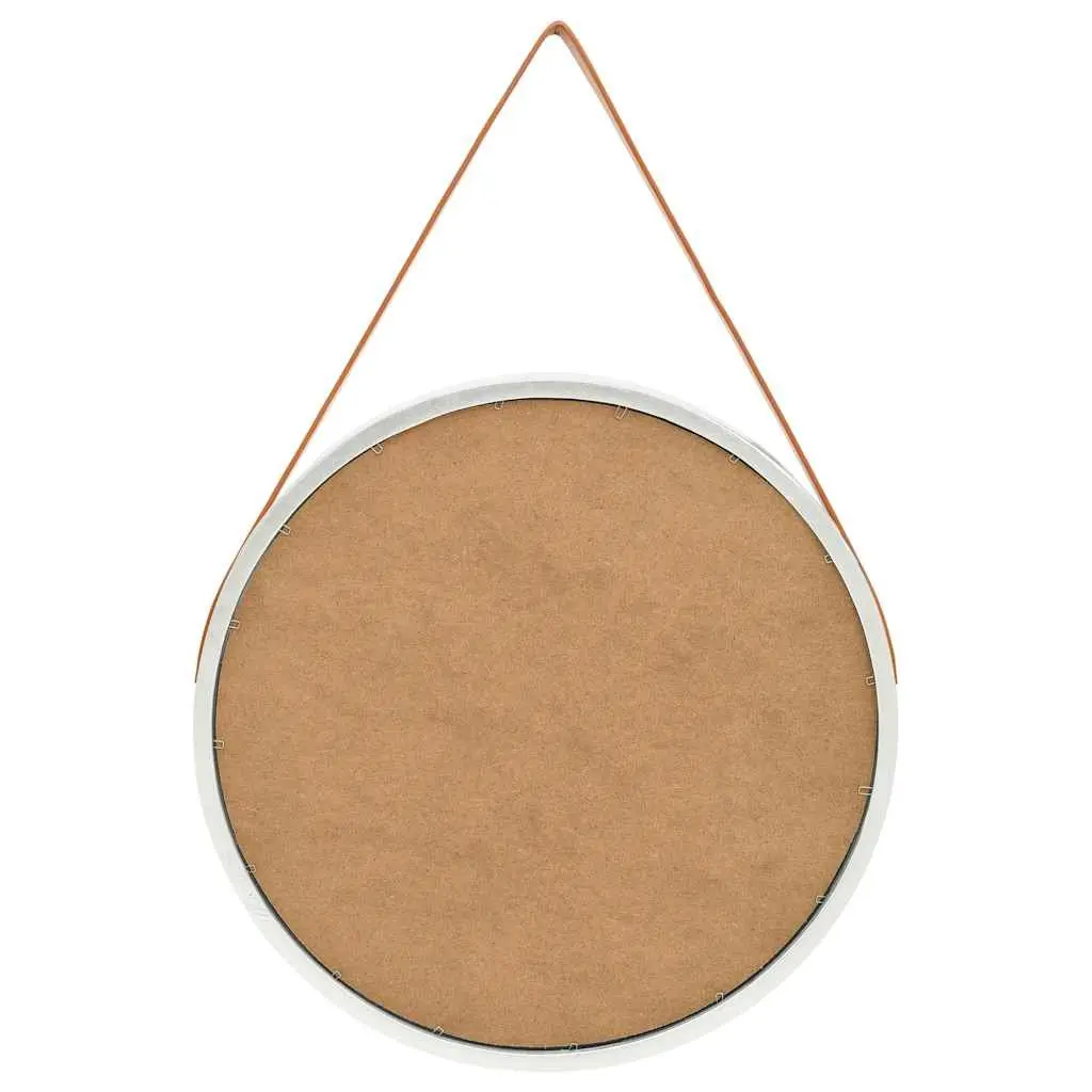 Round Wall Mirror 60cm Silver Frame Hanging Decor Bedroom Living Room Strap