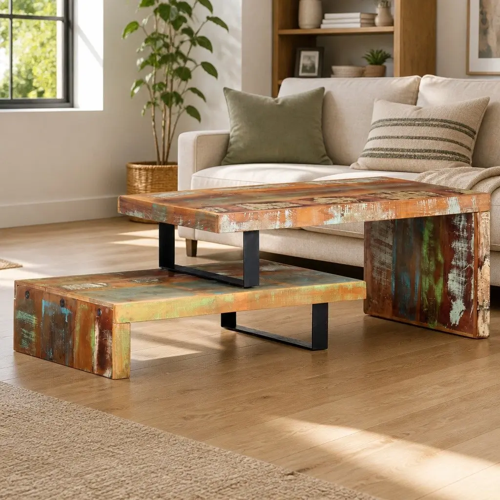 2 Piece Coffee Table Set Living Room Solid Reclaimed Wood Brown