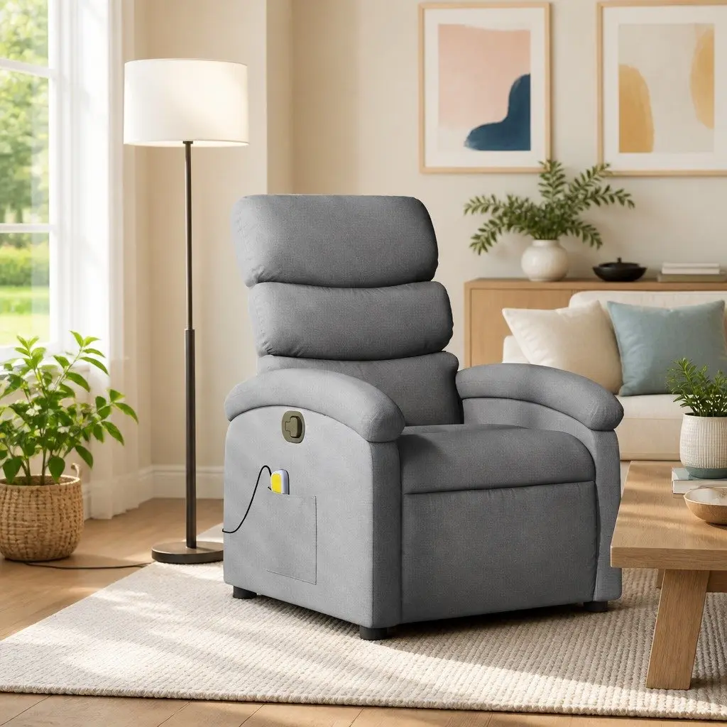 Massage Recliner Chair for Living Room Grey Fabric Manual Reclining 6 Vibration Points