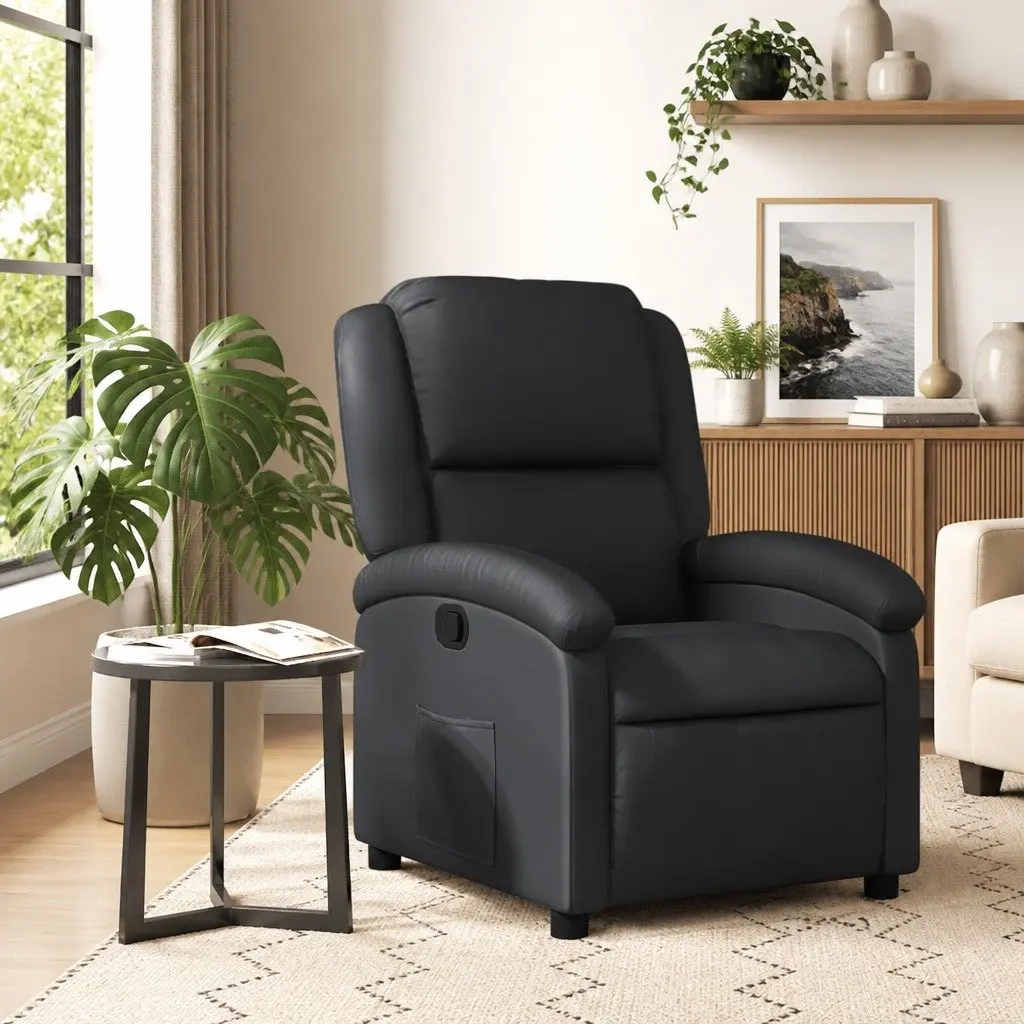 Recliner Chair Lounge Seat Black Real Leather Manual Reclining Armchair