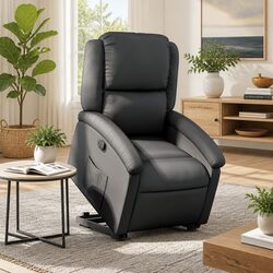 Electric Recliner Chair: Black Real Leather with Lift