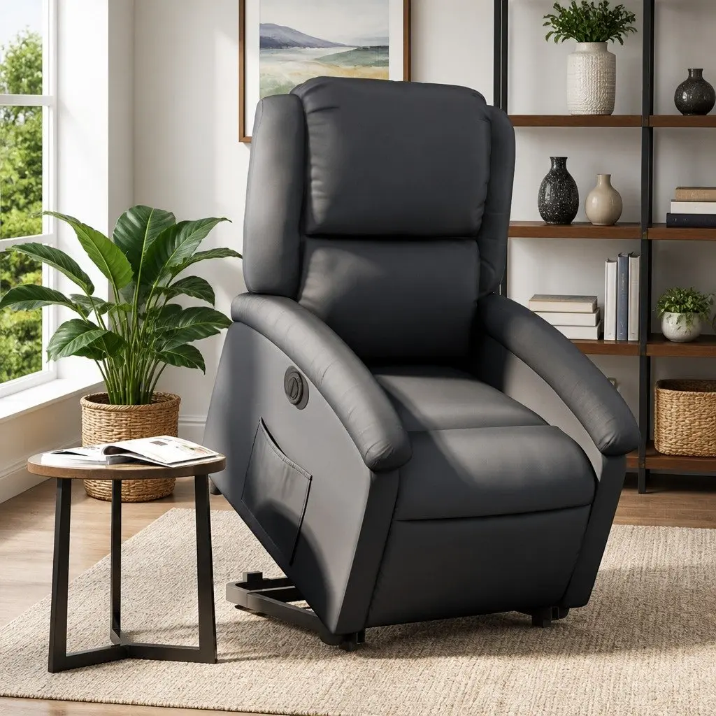 Electric Stand Up Recliner Chair Black Leather Lift Armchair Elderly Comfort