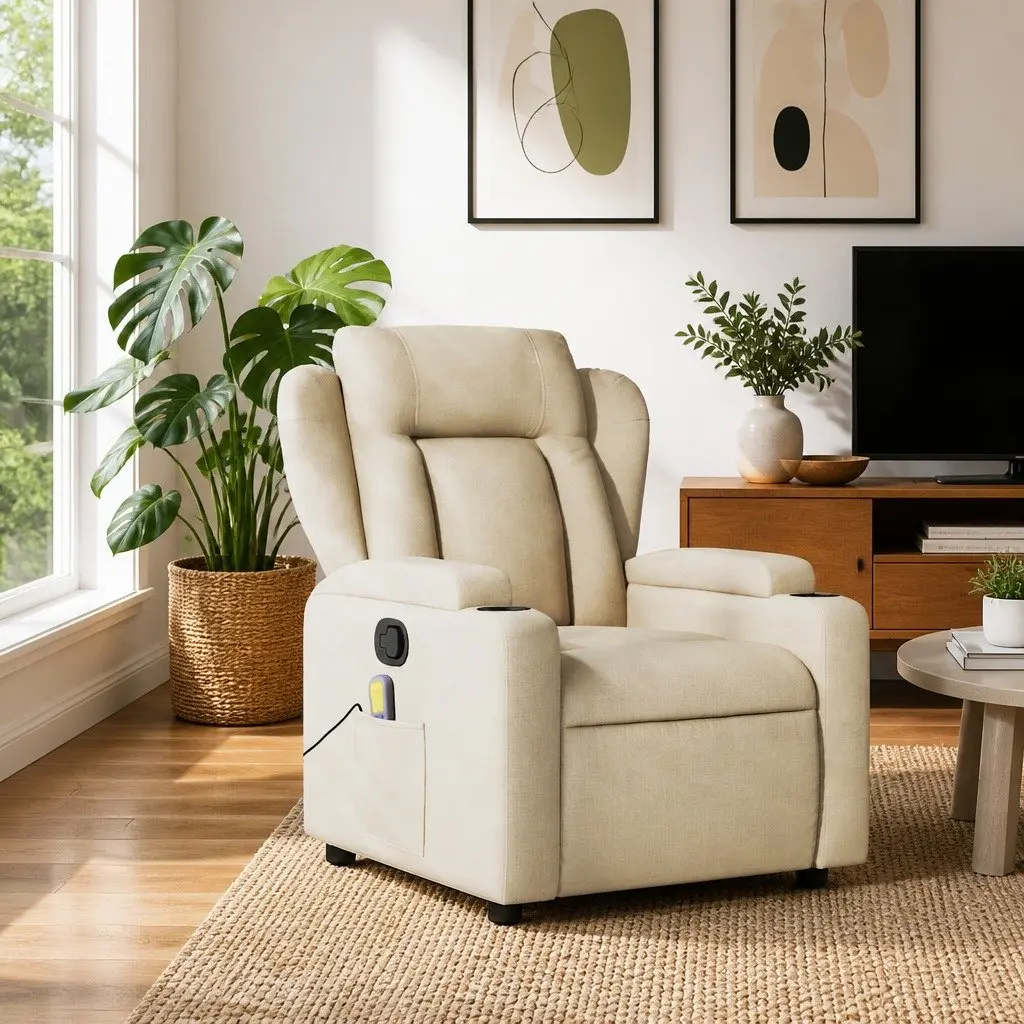 Massage Recliner Chair Cream Fabric Manual Recline Vibration 6 Points Armchair