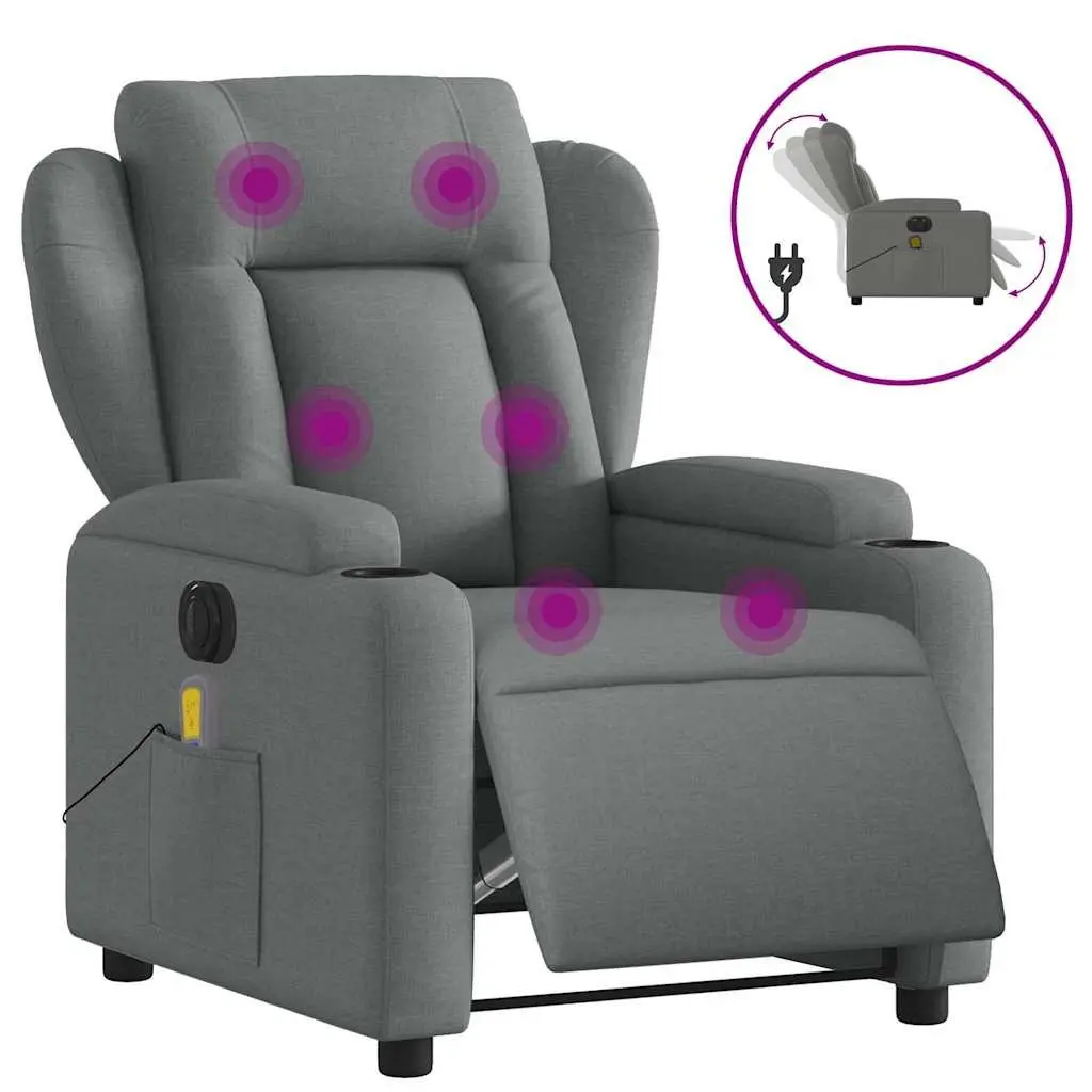 Electric Massage Recliner Chair Grey Fabric Armchair with Footrest Adjustment