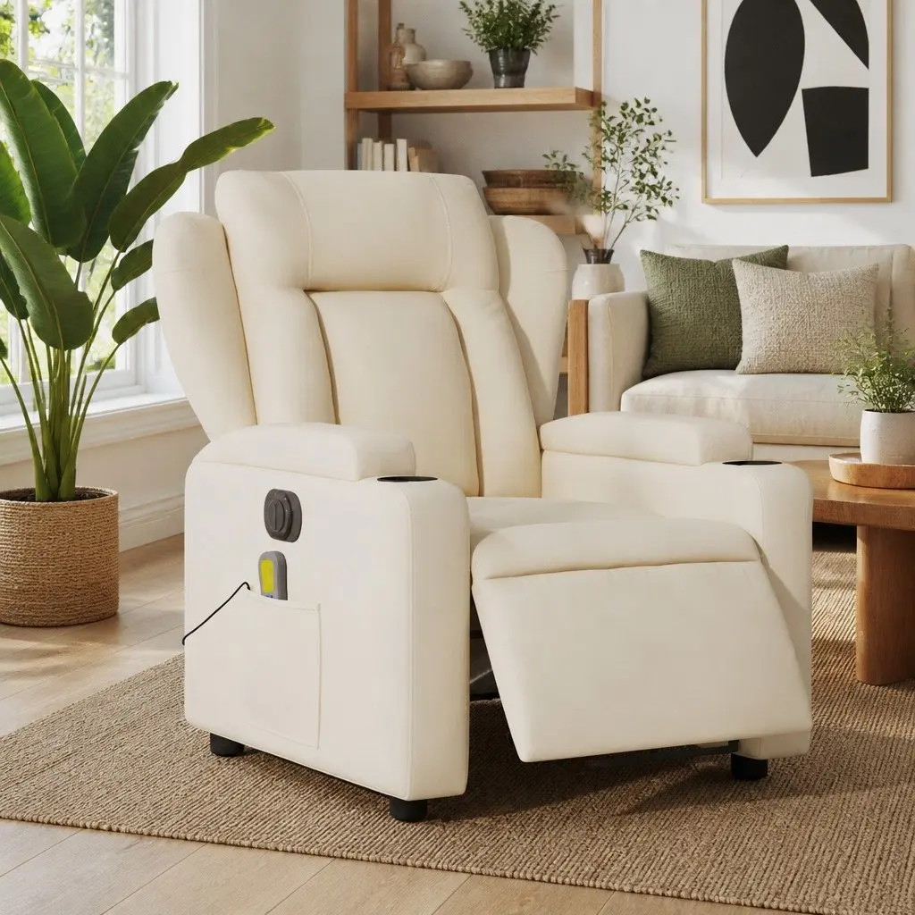 Electric Massage Recliner Chair for Living Room Cream Fabric Adjustable