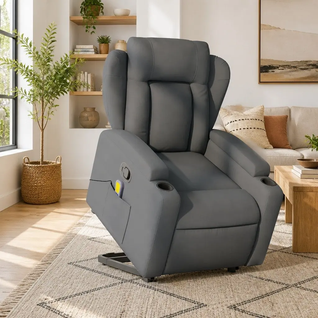 Massage Recliner Chair for Living Room Grey Fabric Power Lift Manual Recline