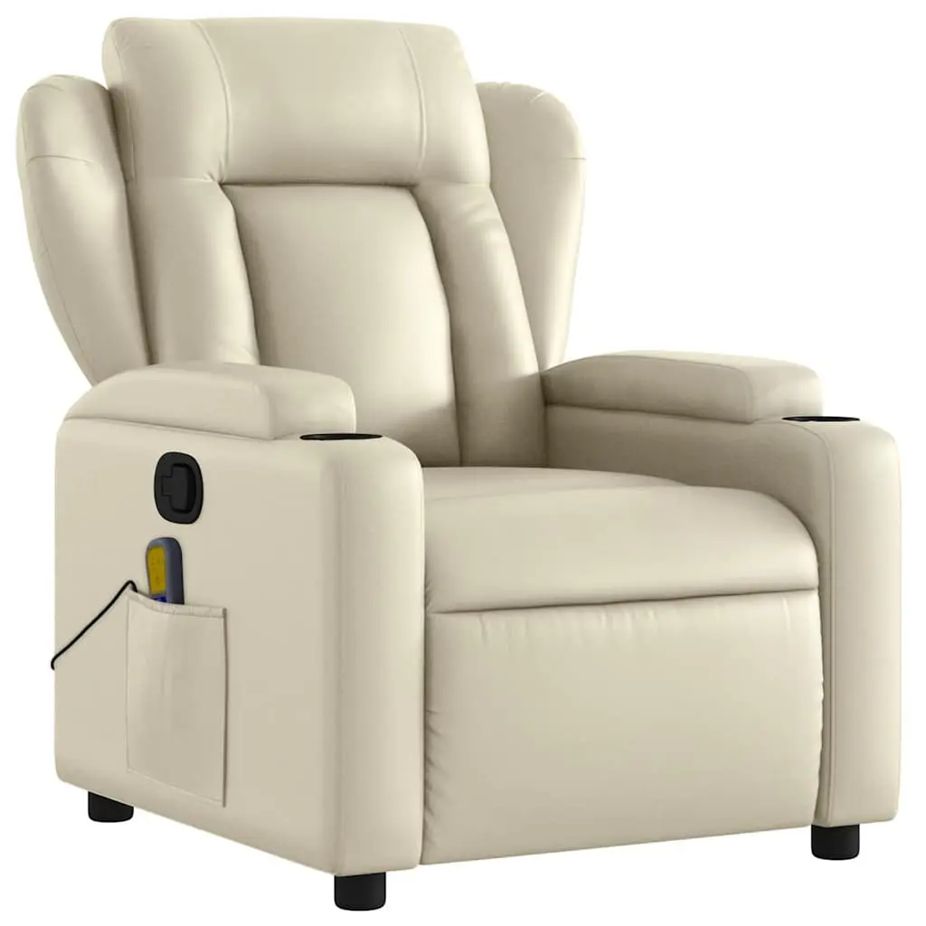 Massage Recliner Chair for Living Room Cream Faux Leather Manual Reclining Armchair 6 Massage Points