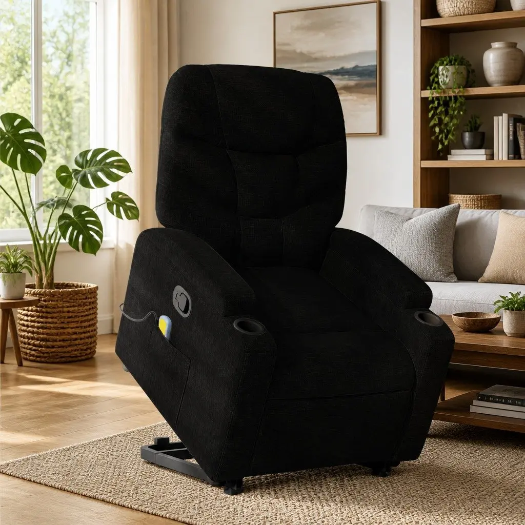 Electric Massage Recliner Chair for Living Room Black Fabric Power Lift