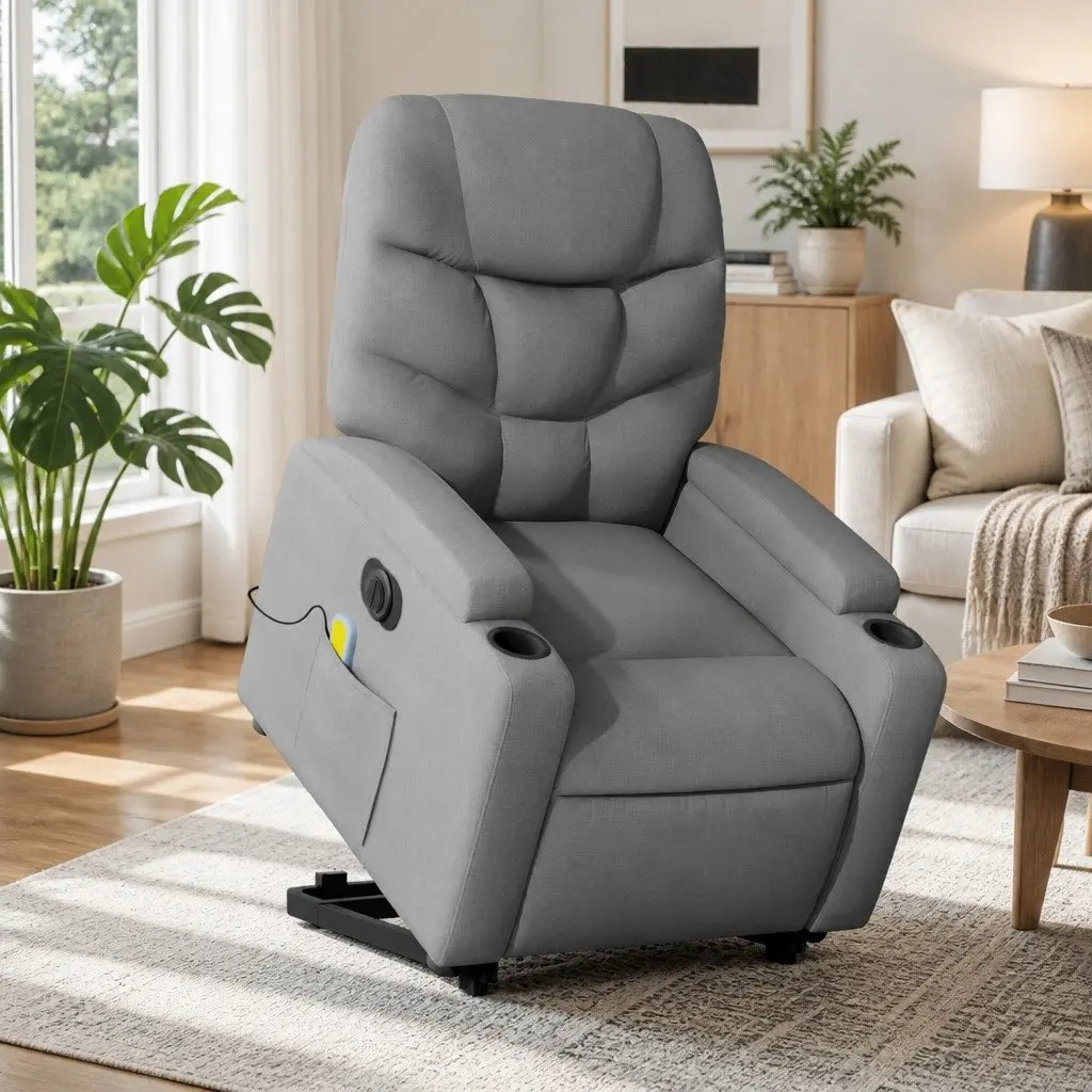Electric Massage Chair for Living Room Grey Fabric 135 Degrees Recline