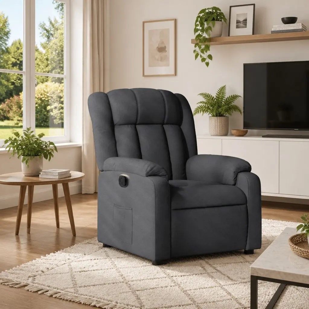 Recliner Armchair Living Room Grey Fabric Padded Seat Backrest