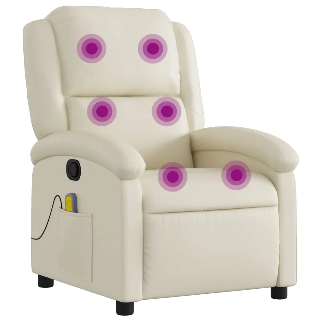 Massage Recliner Chair for Living Room Cream Faux Leather Manual Recline Vibration 6-Point