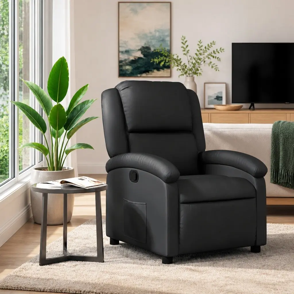 Recliner Armchair for Living Room Black Leather Manual Reclining Function Adjustable Footrest Padded