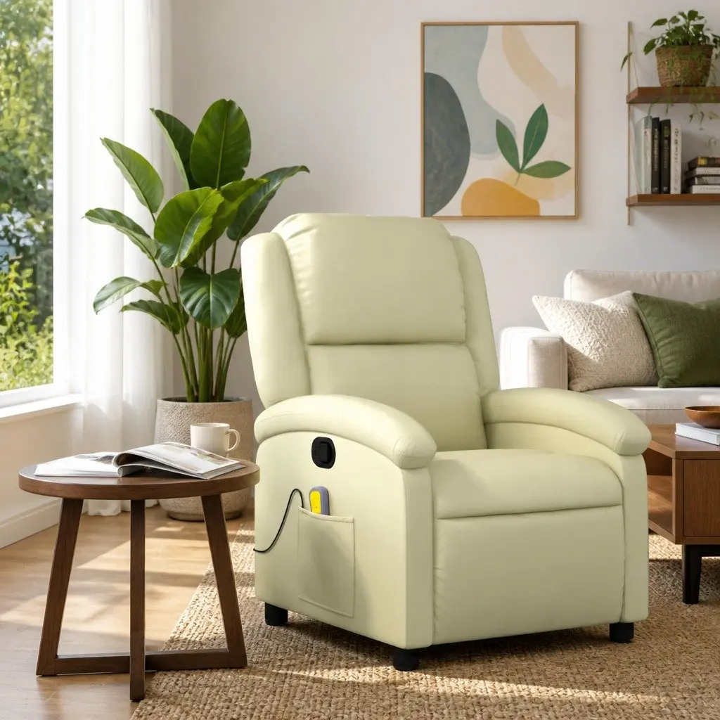 Massage Recliner Chair for Living Room Cream Leather Manual Recline
