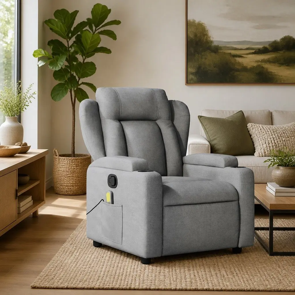 Massage Recliner Chair Living Room Light Grey Fabric Manual Recline