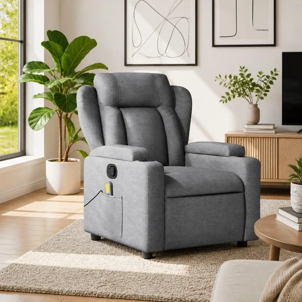 Massage Recliner Chair for Living Room Bedroom Grey Fabric Manual Reclining 135 Degrees with 6 Vibration Points