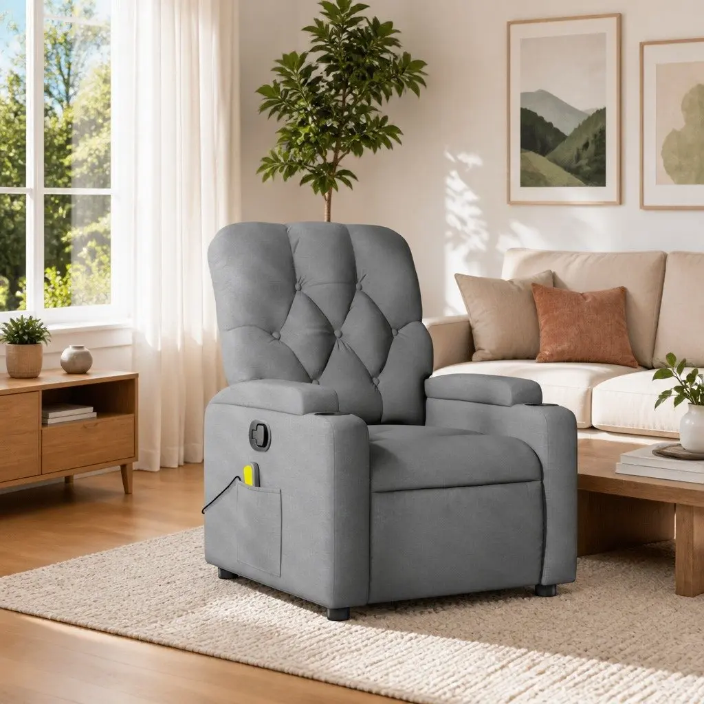 Massage Recliner Chair Living Room Grey Fabric Manual Recline Vibration