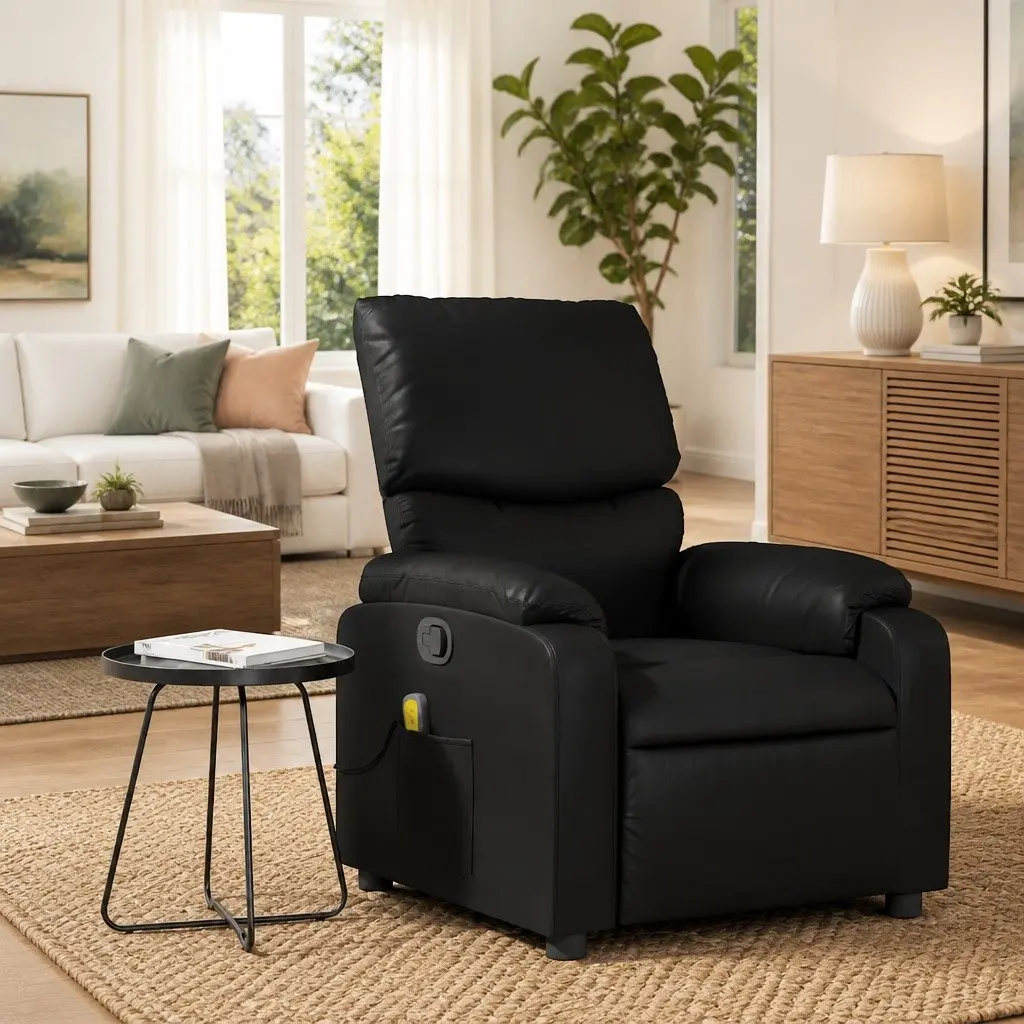 Massage Recliner Chair for Home Black Faux Leather Manual Recline 135 Degree