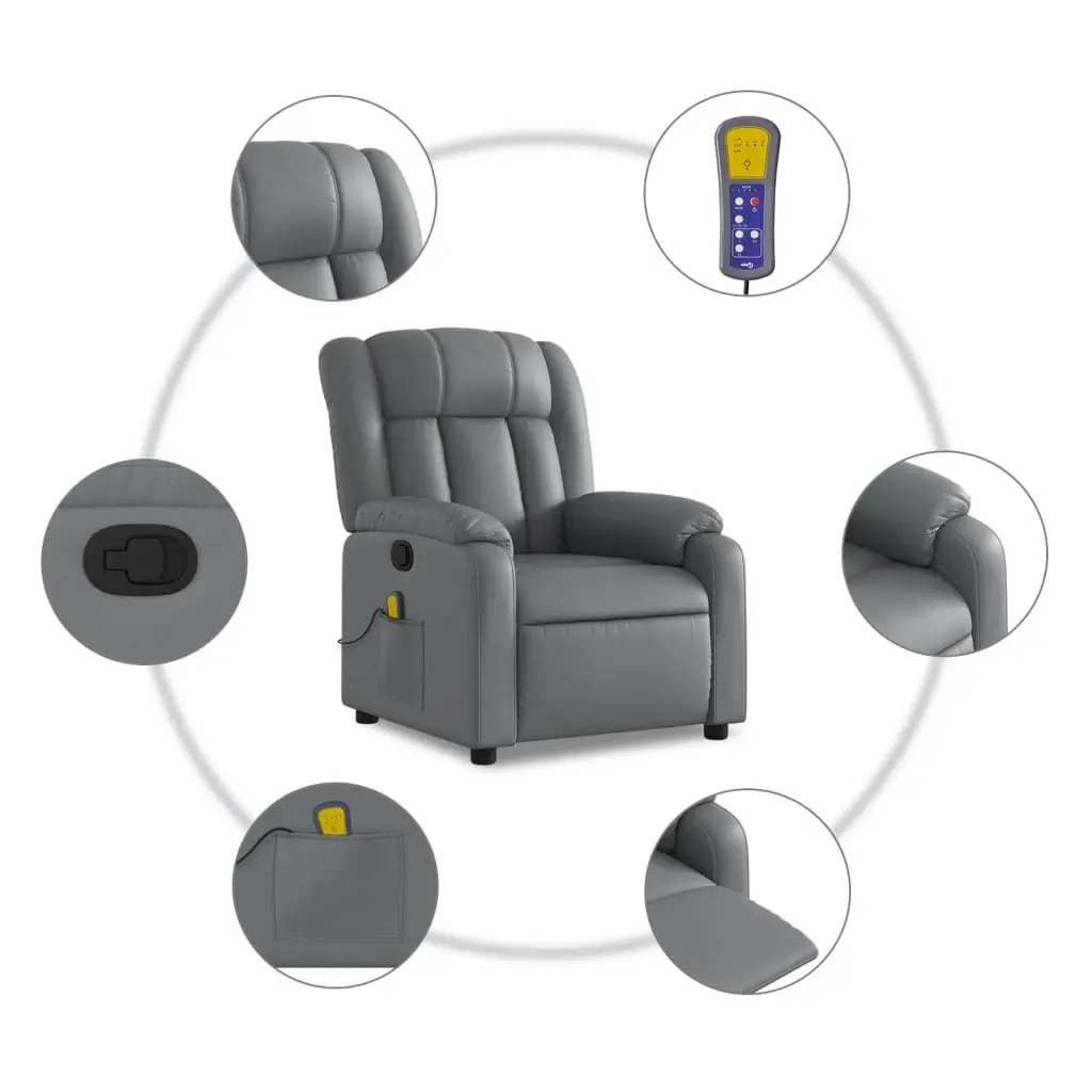Massage Recliner Chair for Living Room Grey Faux Leather Manual Recline 135 Degrees