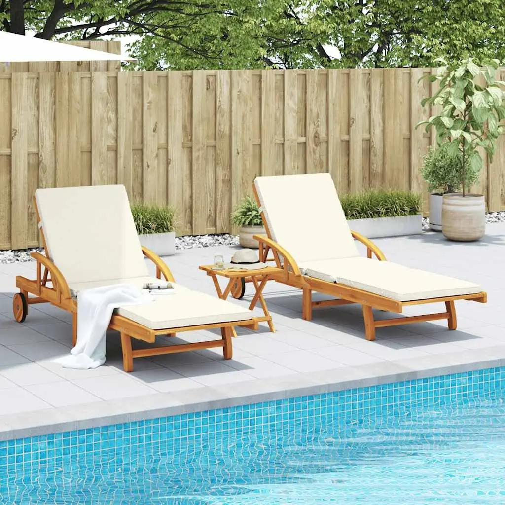Sun Loungers Set 2 pcs Outdoor Solid Wood Acacia Reclining with Pull Out Table