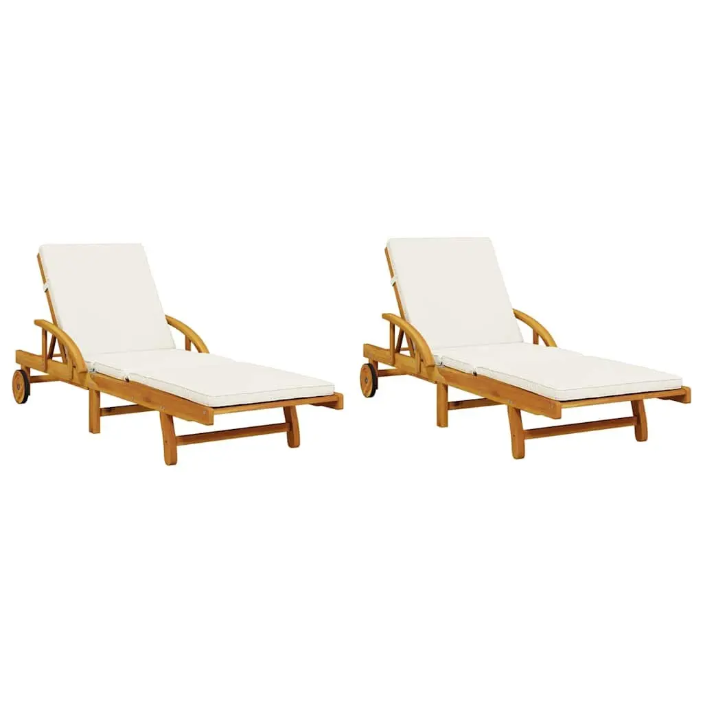 Sun Loungers Set 2 pcs Outdoor Solid Wood Acacia Reclining with Pull Out Table