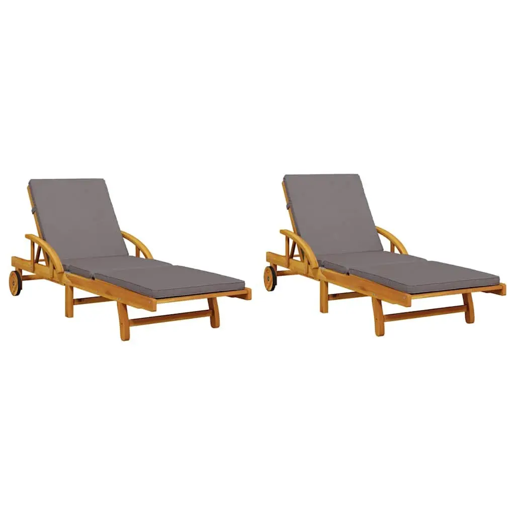 Sun Loungers 2 pcs with Cushions Outdoor Reclining Chairs Brown Wood 200x68x83cm