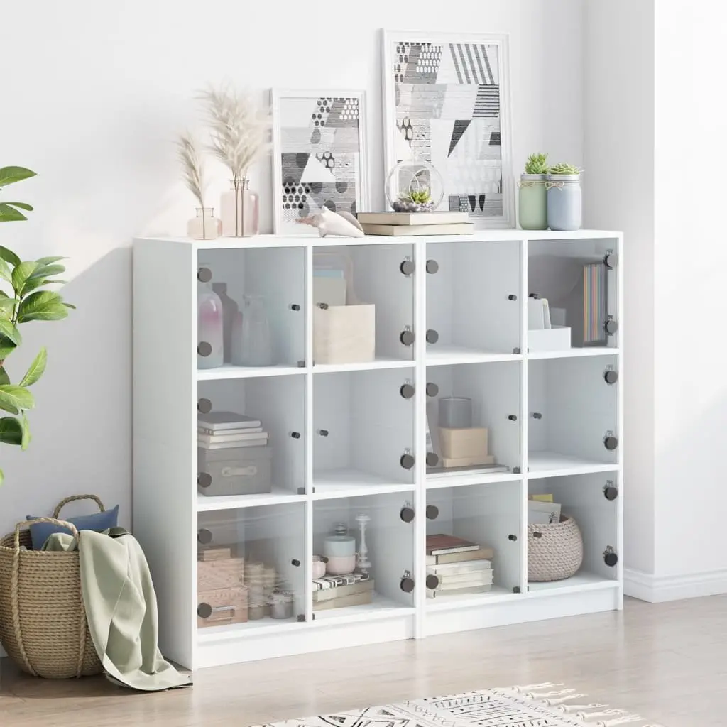 White Bookcase with Glass Doors Storage Cabinet Engineered Wood Shelving Unit