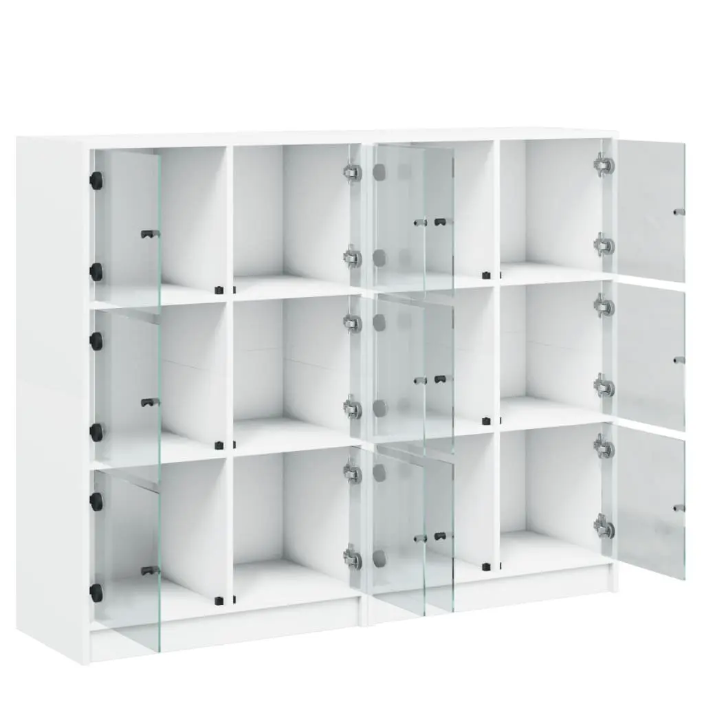 White Bookcase with Glass Doors Storage Cabinet Engineered Wood Shelving Unit