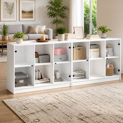 White Modern Bookcase with Glass Doors, 204x37x75cm