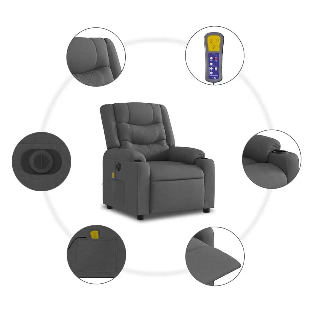 Electric Massage Recliner Chair Grey Fabric Armchair Footrest Vibration Massage