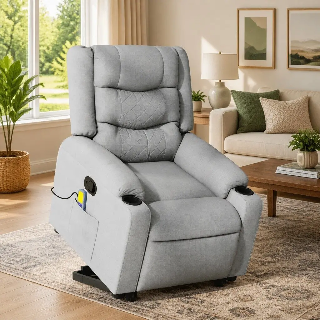 Massage Recliner Chair for Living Room Grey Fabric Power Lift Function Manual Recline